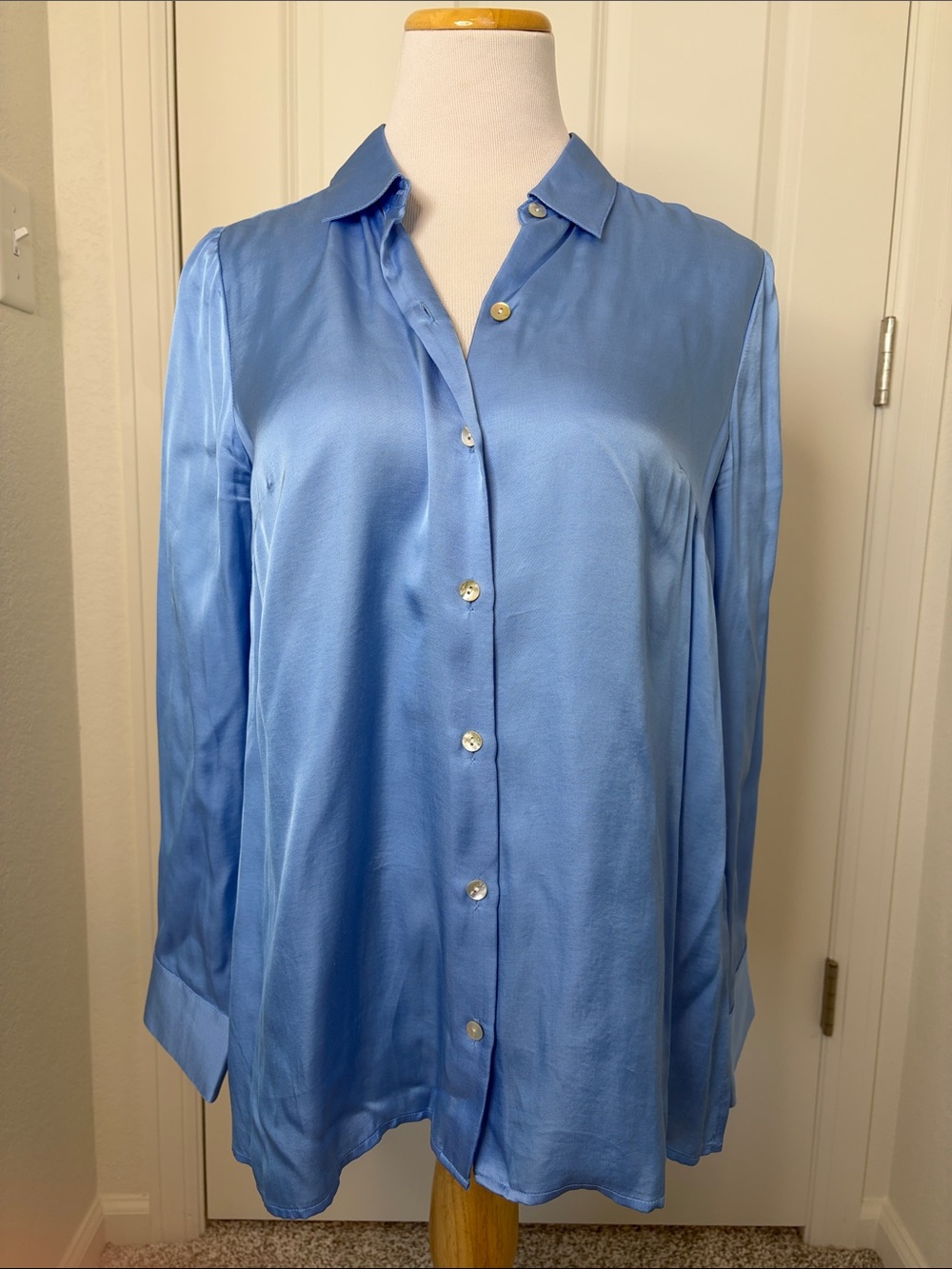 J.Jill Blue Silky Button Down Blouse Small Viscose Rayon Drapey Shirt